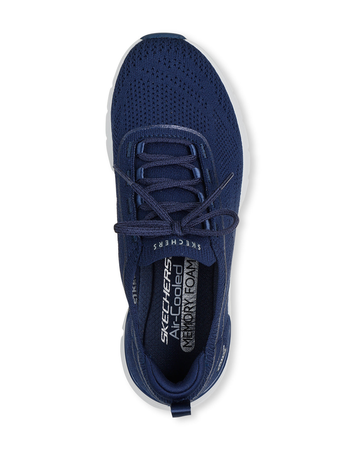 Navy blue sneaker with 'Skechers' branding on a white background