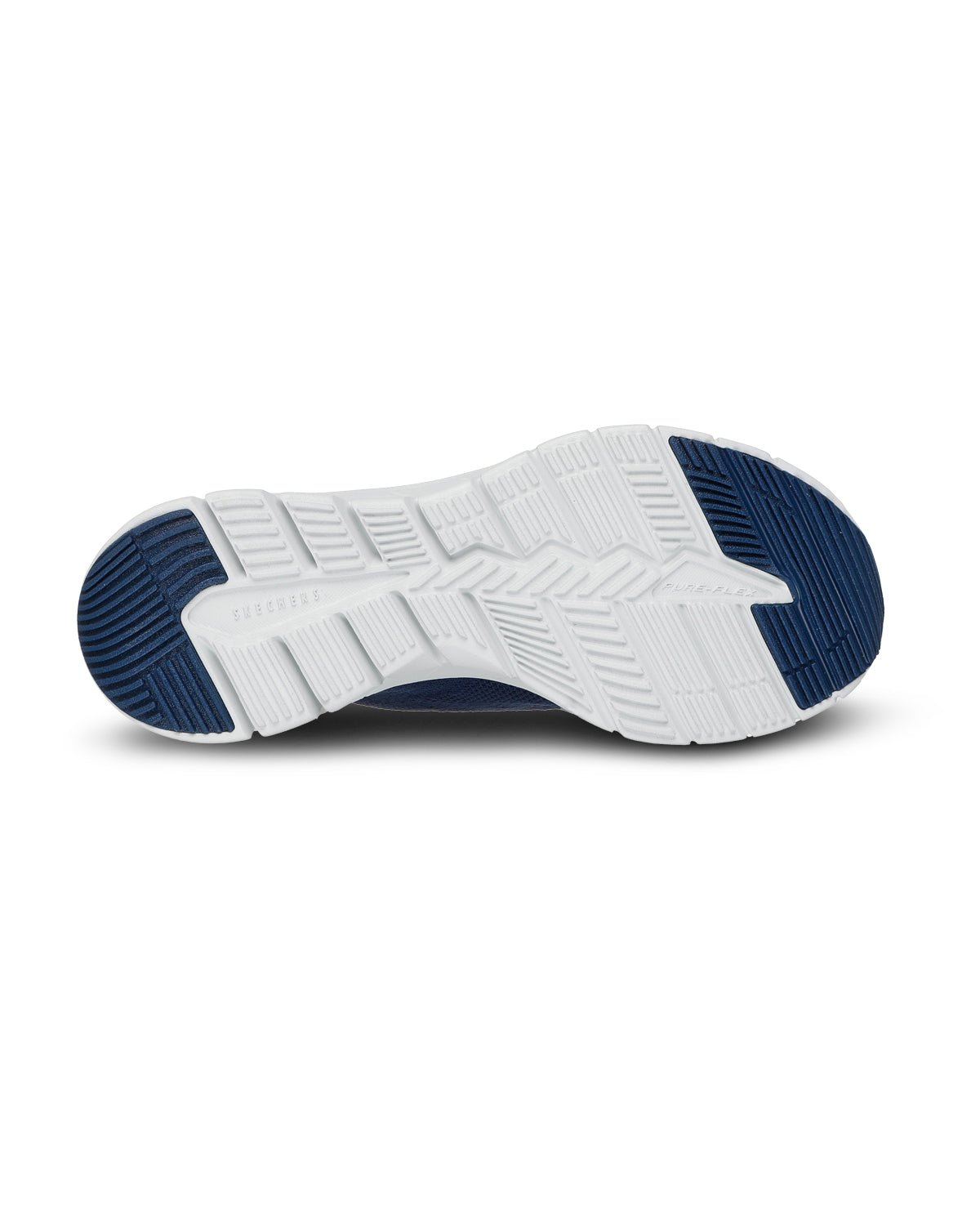 White athletic shoe with blue sole on a white background