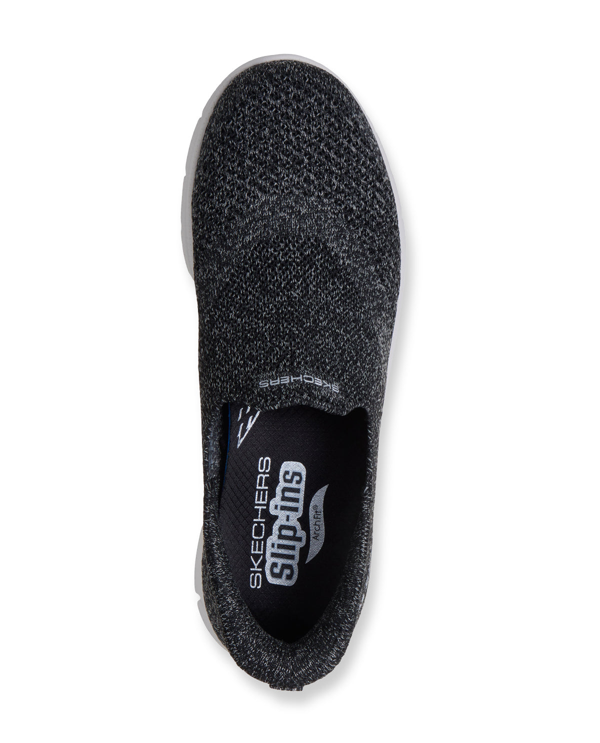 Black slip-on shoe with 'Skechers' branding on a white background