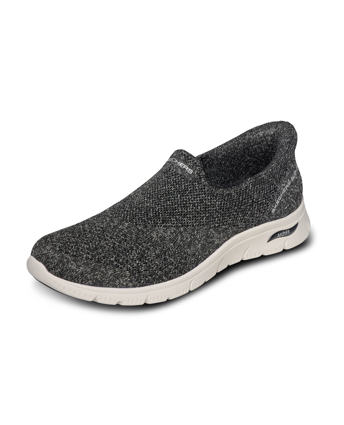 Black slip-on shoe with white sole on a white background