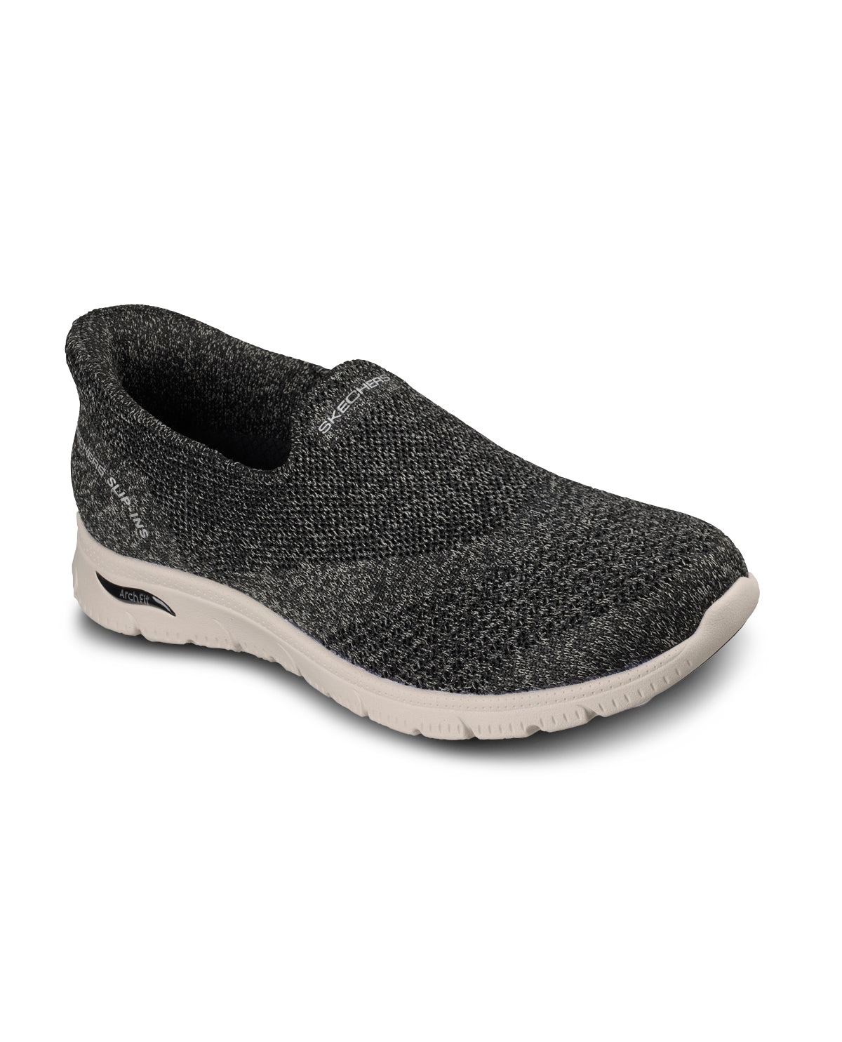 Black textured slip-on shoe with white sole on a white background