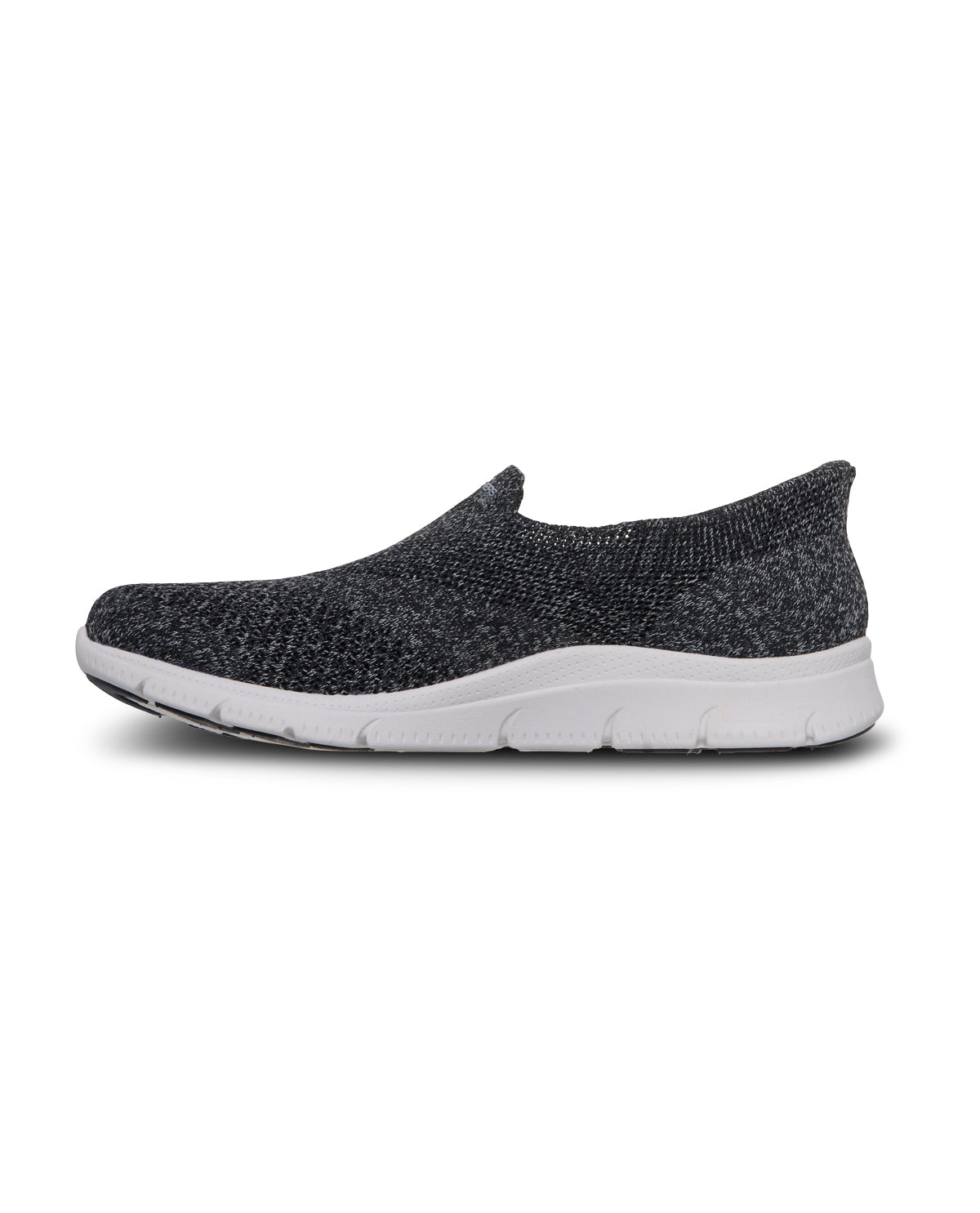 Black slip-on shoe with white sole on a white background