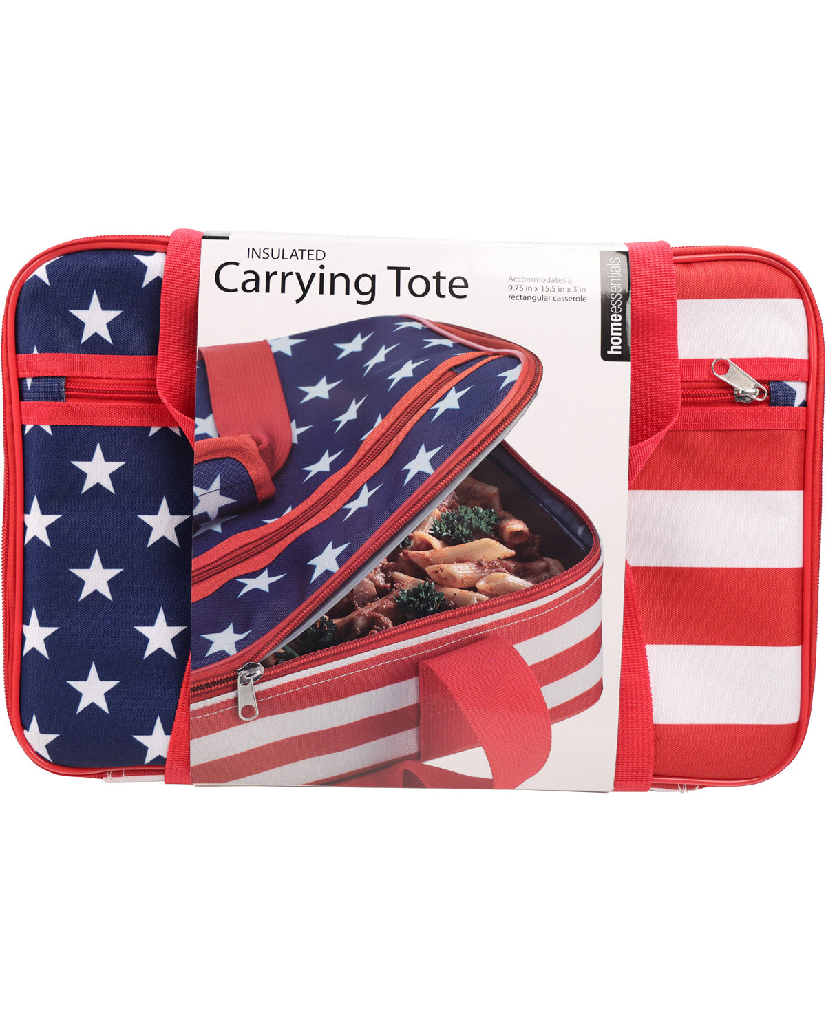 An insulated carrying tote with an American flag pattern, featuring navy blue with white stars on one side and red and white stripes on the other, shown with its paper packaging insert.