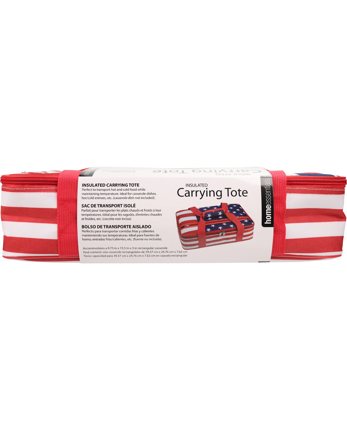 A packaged set of Home Decor Industries 12 x 12 inch rolled carrying totes in a red, white, and blue patriotic pattern, wrapped in a white paper band with product details.
