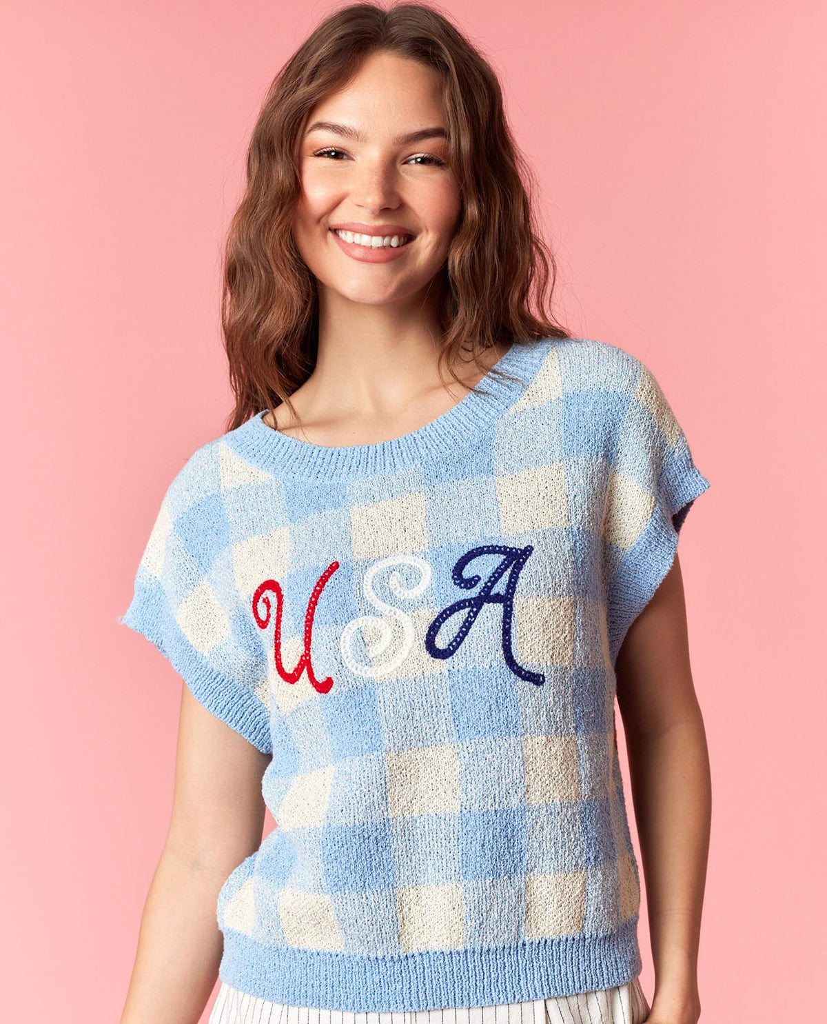Peach Love Gingham USA Top Lt Blue