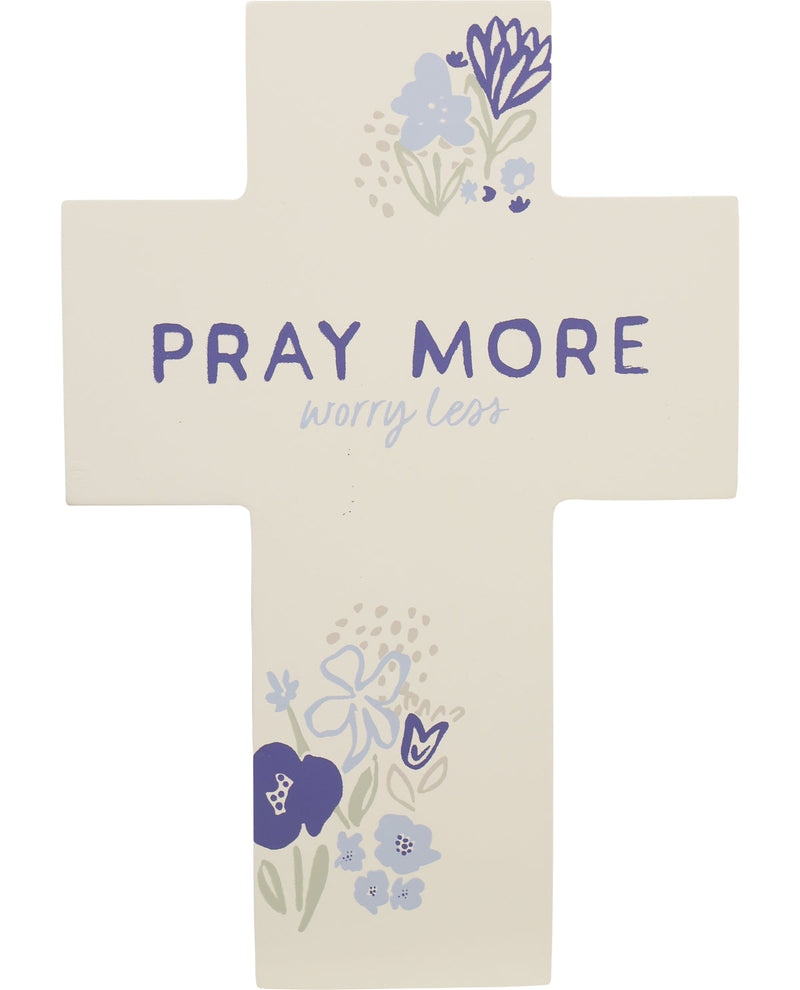 Decorative cross with floral designs and text 'Pray More, Worry Less' on a white background