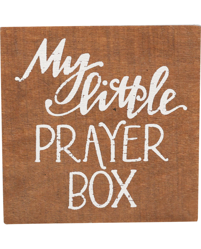 Wooden box with 'My little prayer box' text on a white background