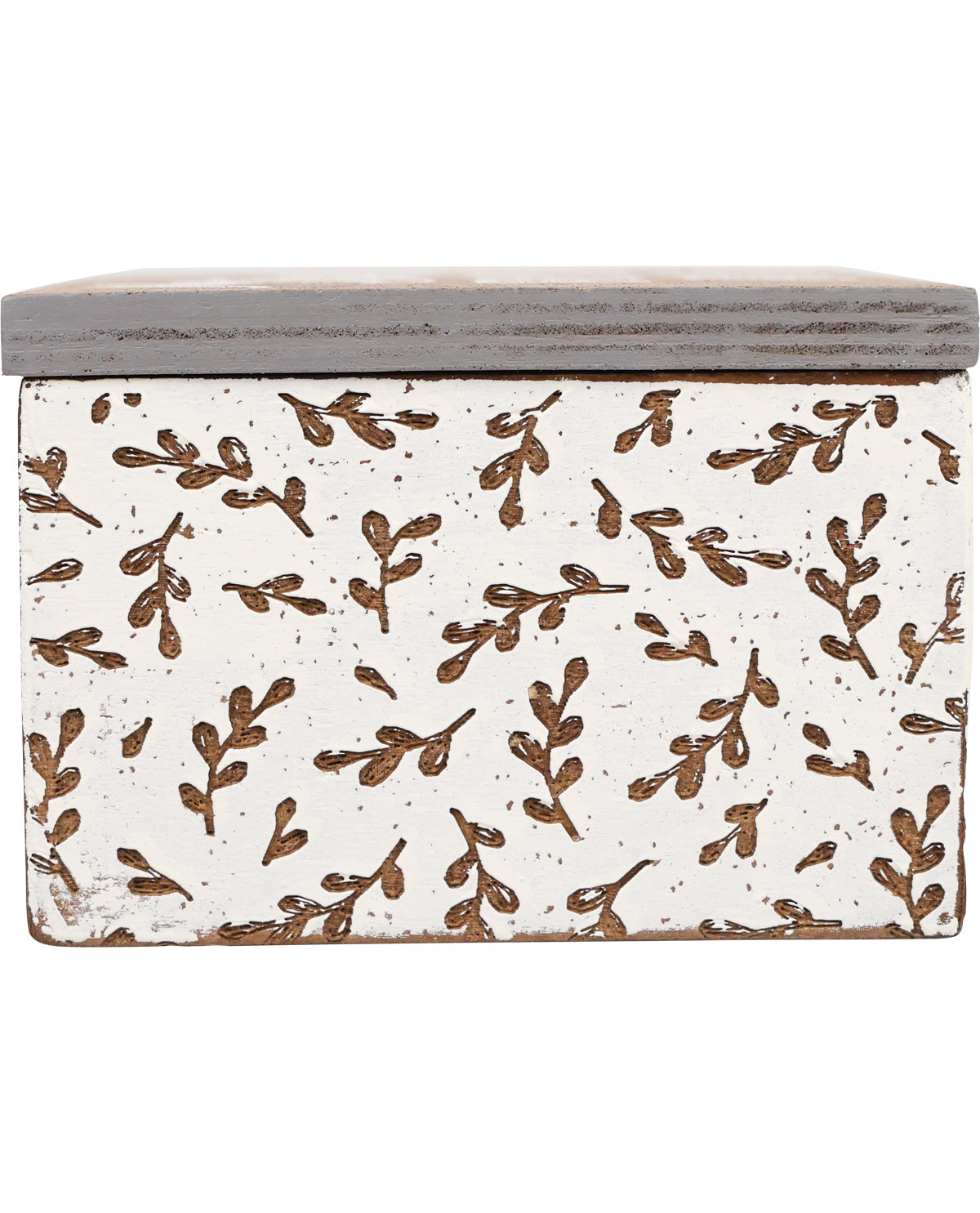 Decorative box with brown leaf pattern on a white background