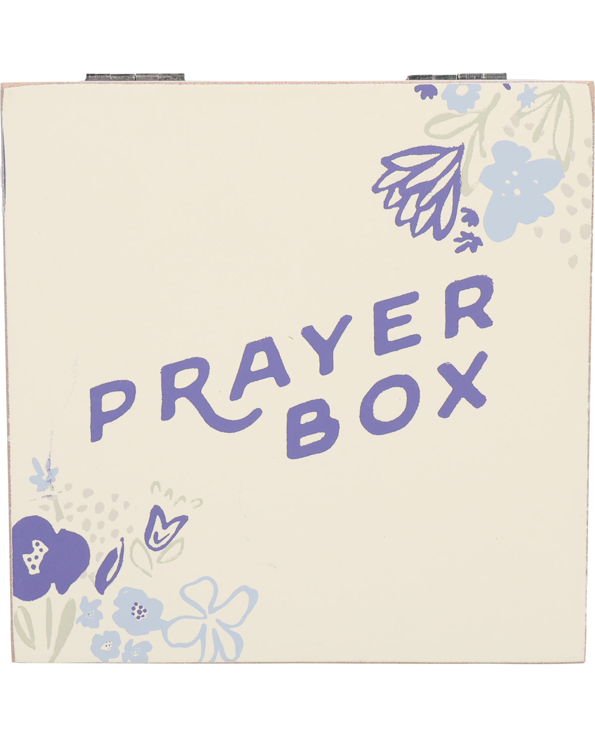 Prayer box with floral designs and 'PRAYER BOX' text on a beige background