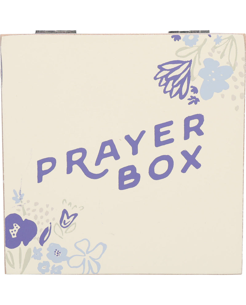 Prayer box with floral designs and 'PRAYER BOX' text on a beige background