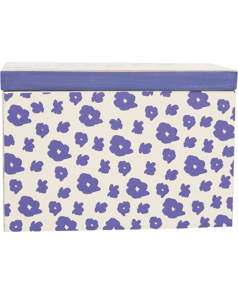 Rectangular box with purple floral pattern on a white background