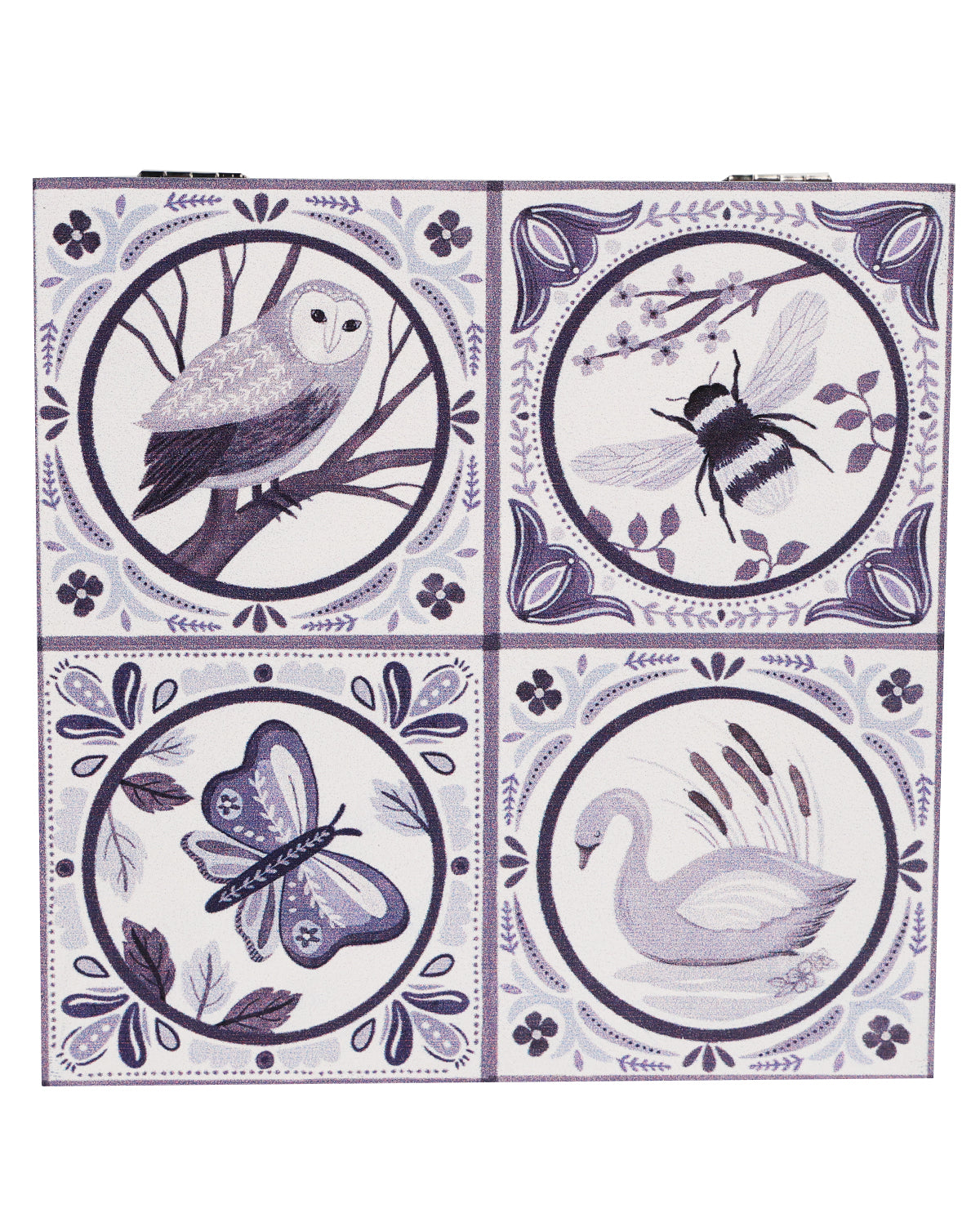 Decorative tile with animal illustrations including a owl, bee, butterfly, and swan, surrounded by floral patterns.