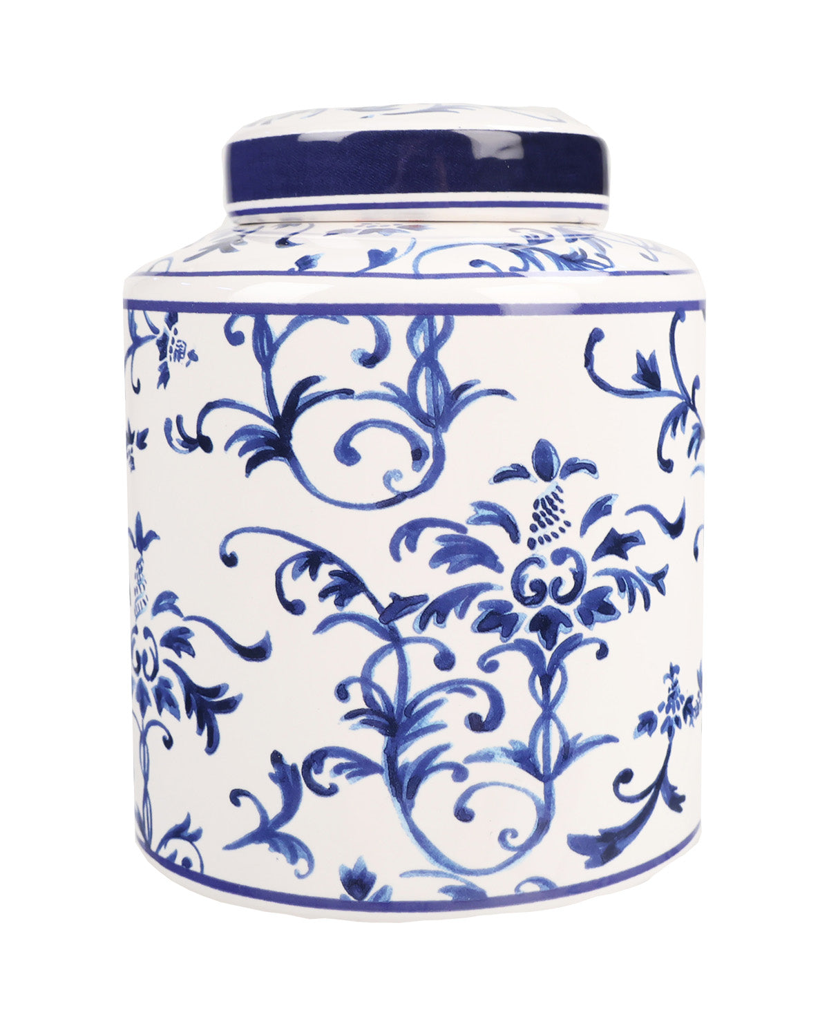 Ceramic jar with blue floral patterns on a white background