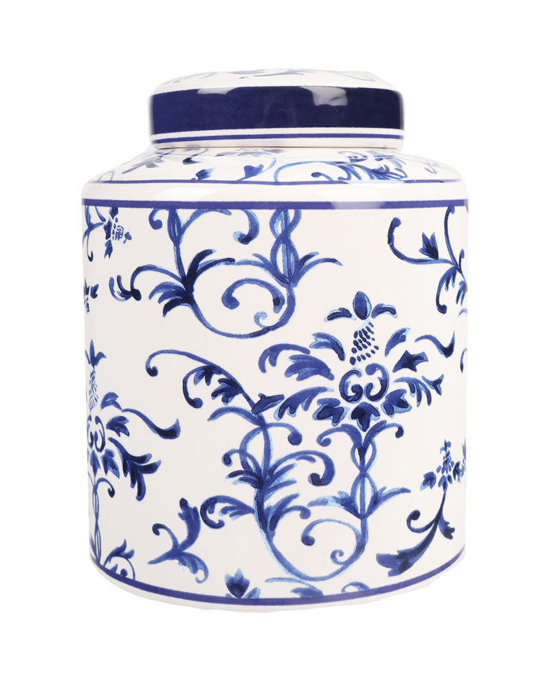 Ceramic jar with blue floral patterns on a white background