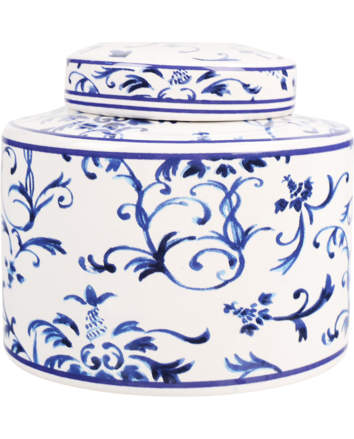 Ceramic jar with blue floral patterns on a white background