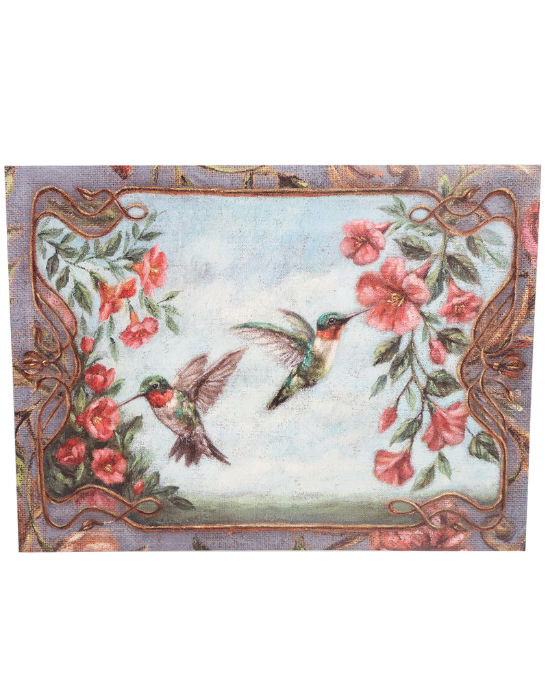 Decorative mat with hummingbirds and flowers on a white background