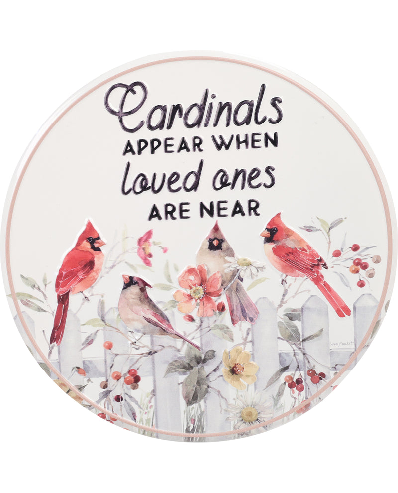 Round coaster with cardinals and floral design, featuring text 'Cardinals appear when loved ones are near'.