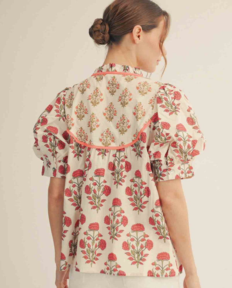 Jodifl Mixed Print Puff Sleeve Top Berry