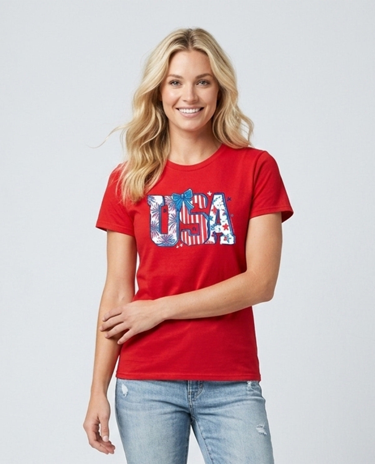 Southern Couture Soft Pattern Letter USA Tee Red