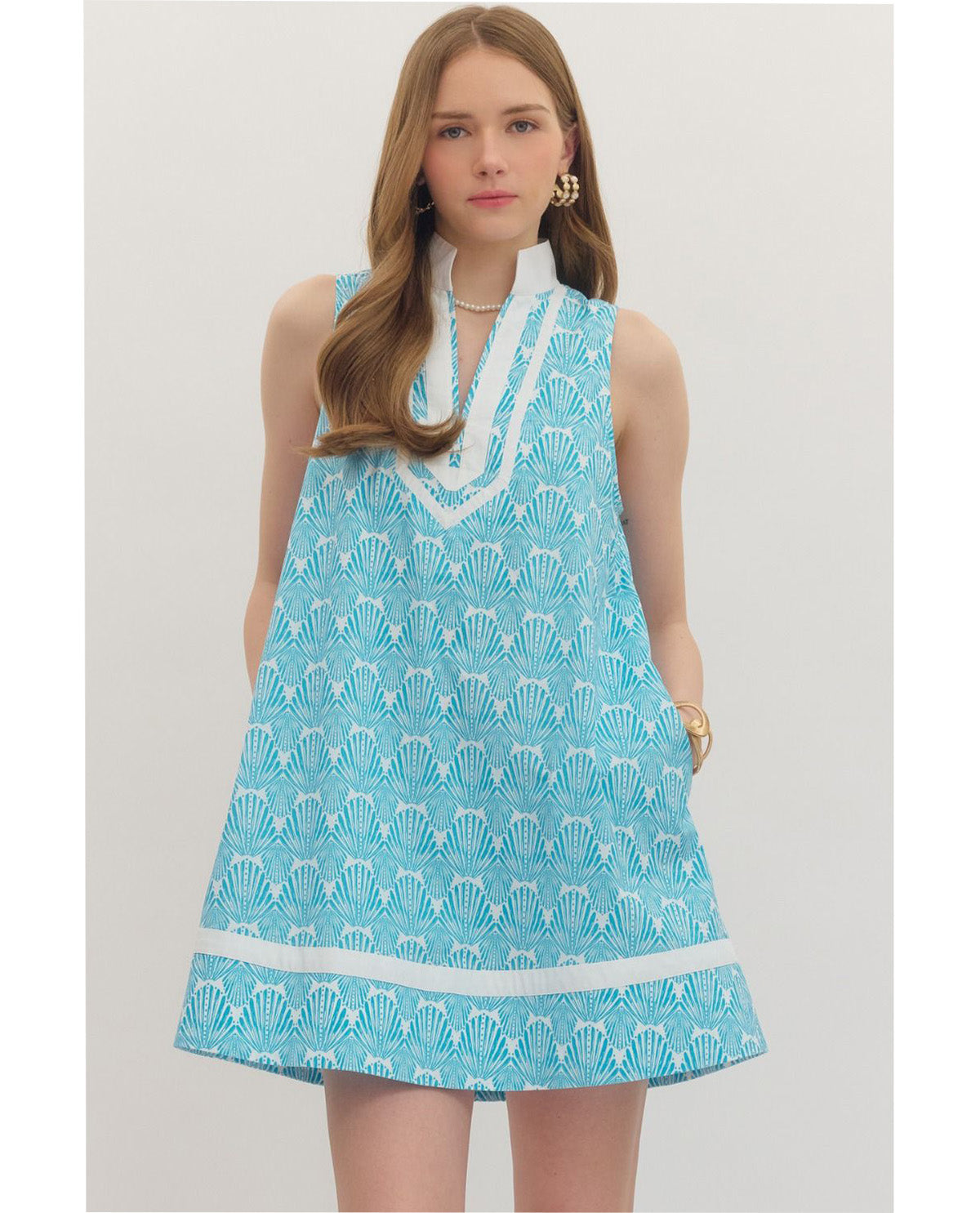 Entro Print V-Neck Dress With Contrast Trim Aqua