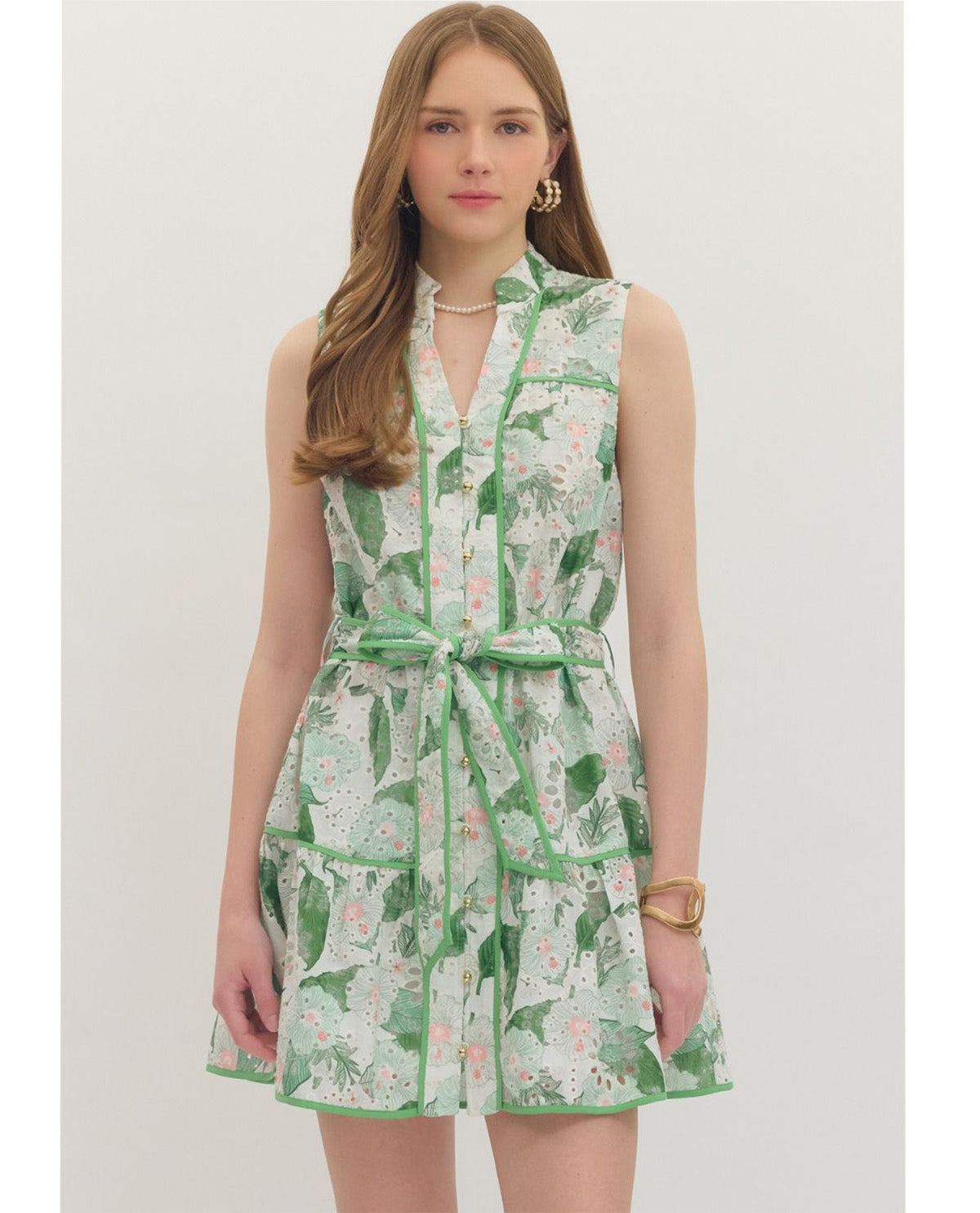 Entro Print Eyelet Dress With Tie Waist Green