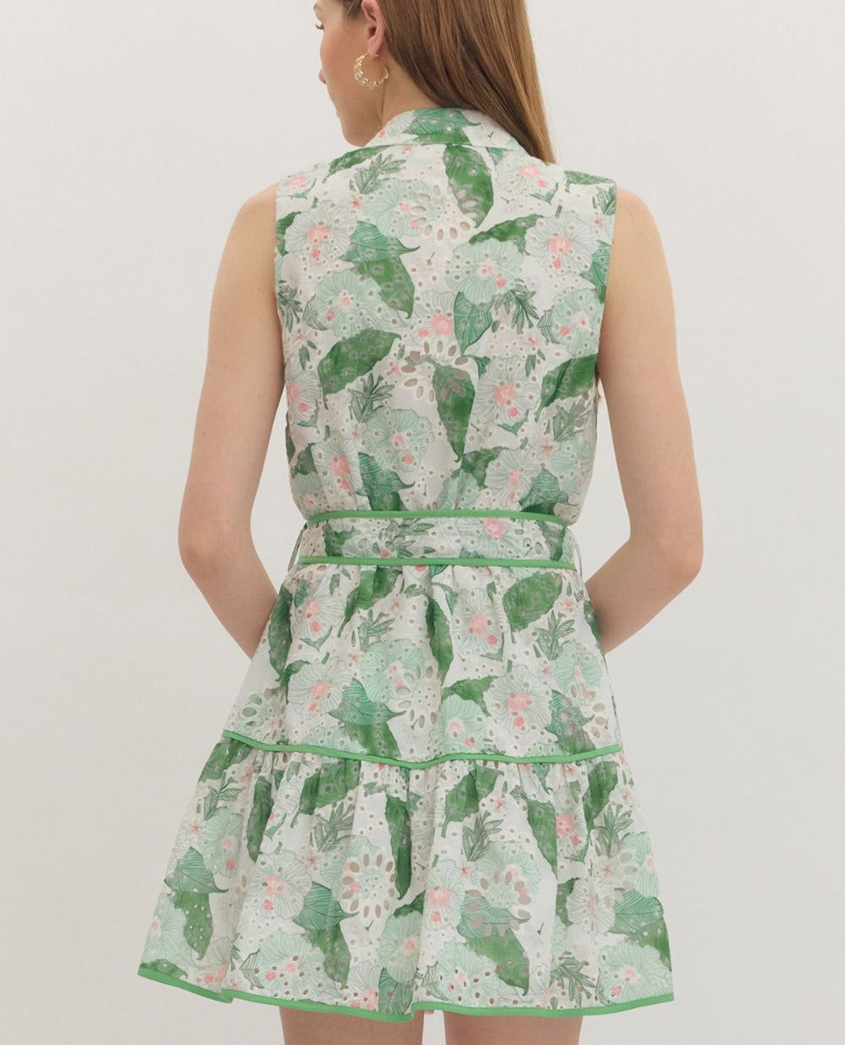 Entro Print Eyelet Dress With Tie Waist Green