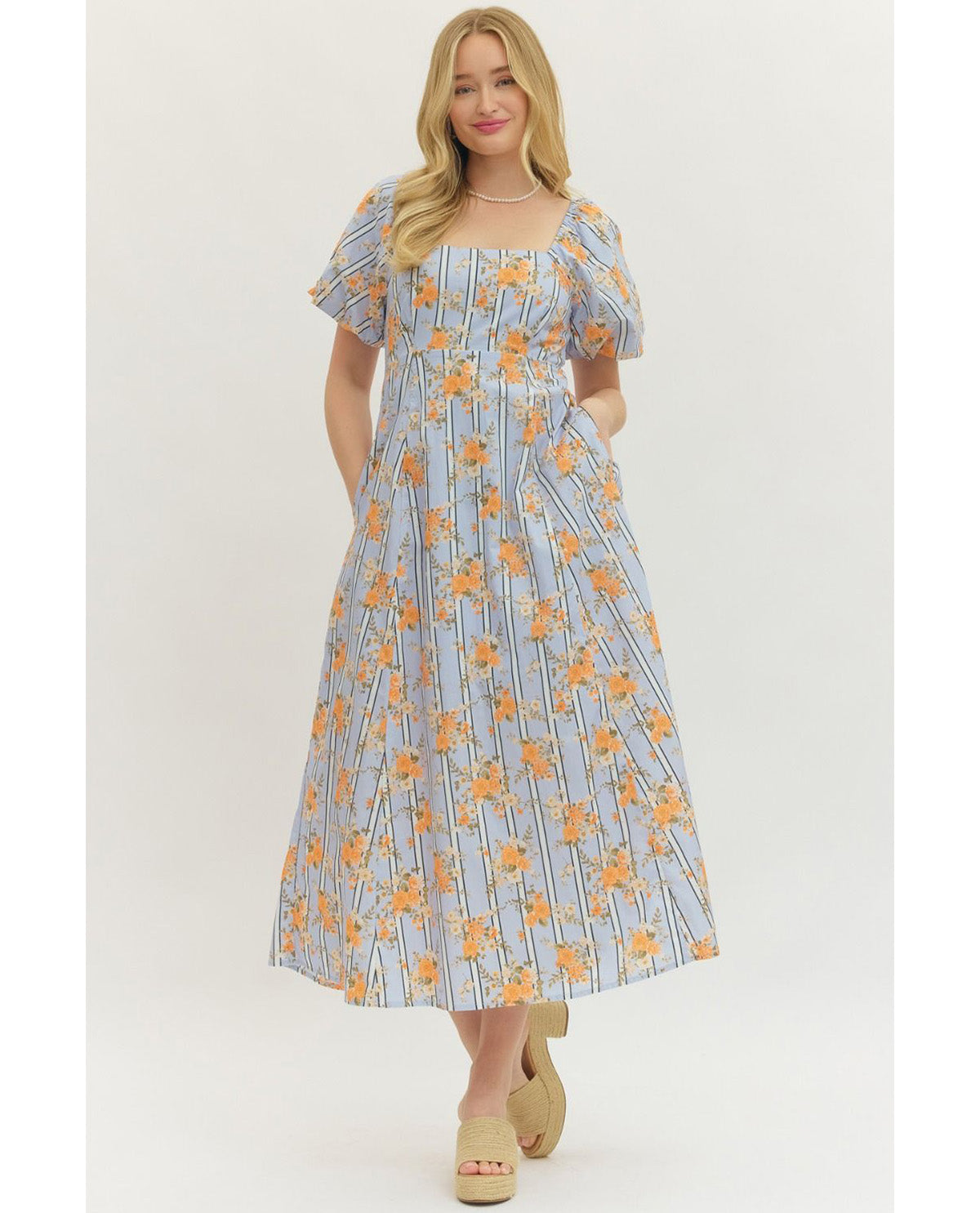 Entro Square Neck Print Dress Blue