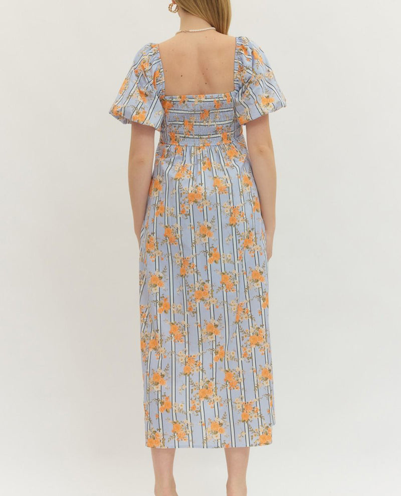Entro Square Neck Print Dress Blue