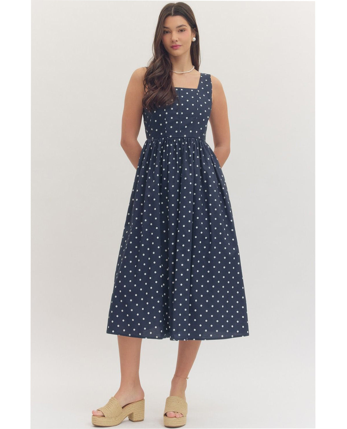 Entro Polka Dot Square Neck Dress Navy