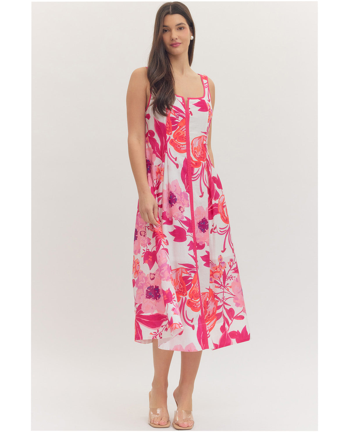 Entro Sleeveless Print Dress With Slit Neck Fuchsia