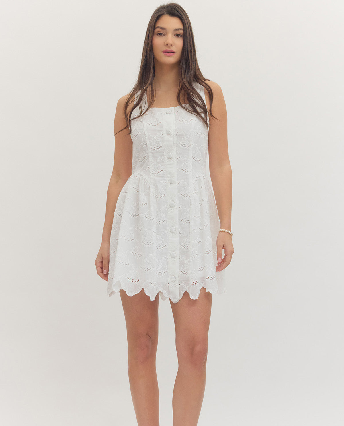 Entro Solid Eyelet Button Down Dress Off White