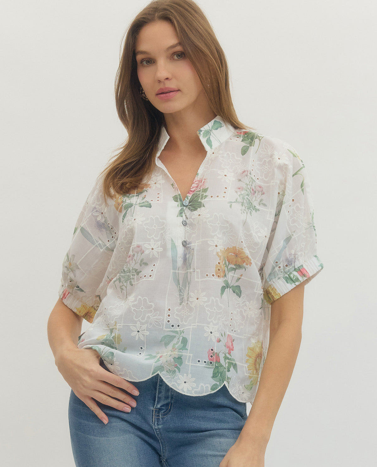 Entro Print Eyelet Top With Scallop Hem