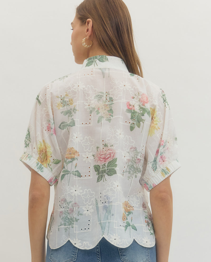 Entro Print Eyelet Top With Scallop Hem