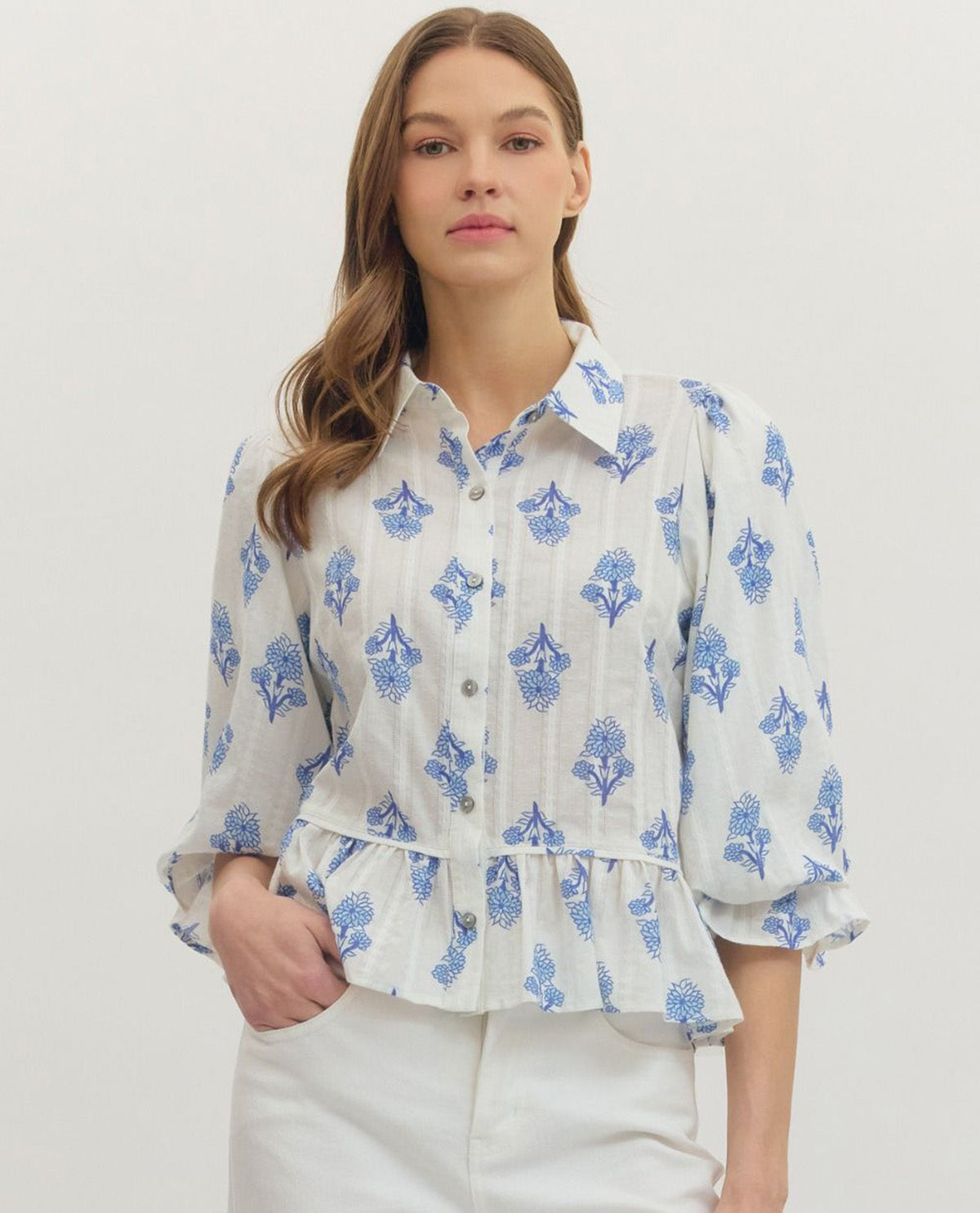 Entro Botanical Print Peplum Top Blue