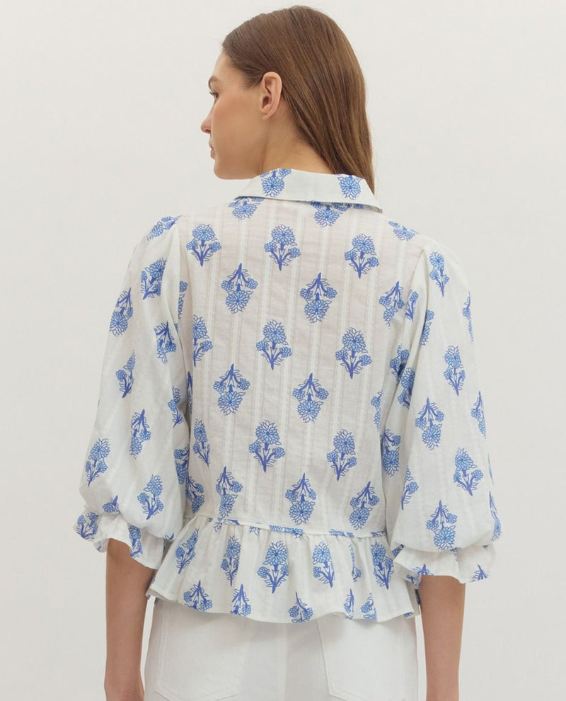 Entro Botanical Print Peplum Top Blue