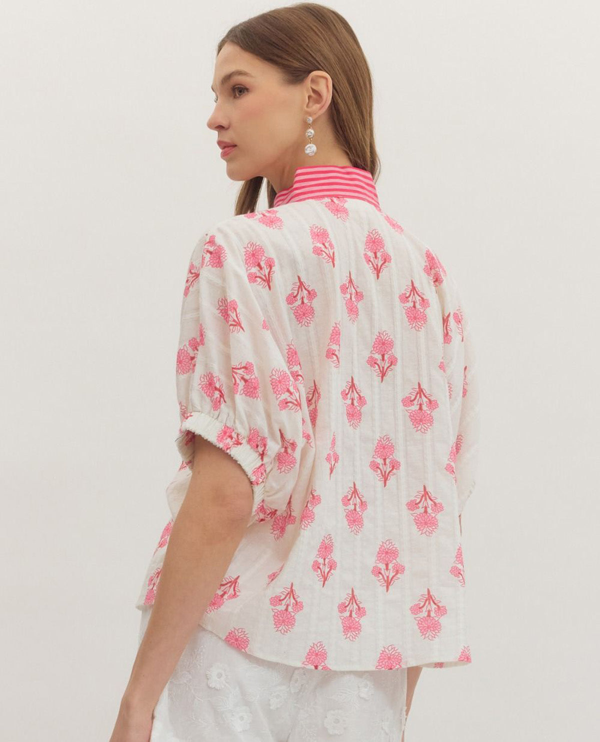 Entro Print Top With V-Neck Contrast Trim Pink