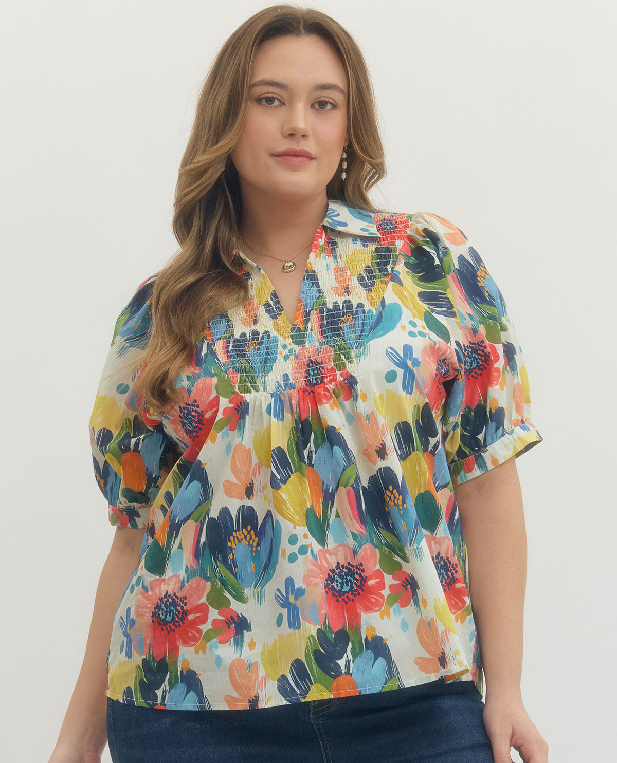 Entro Floral Print Smocked V-Neck Top Multi