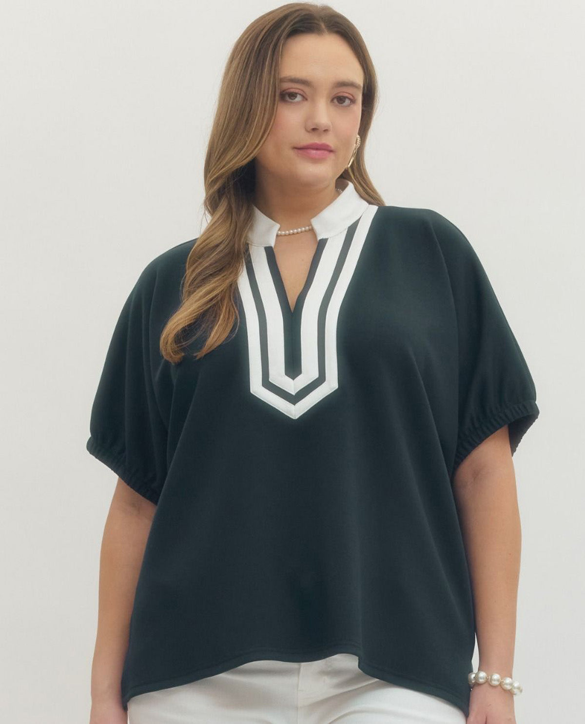 Entro Solid Dolman Top With Contrast V-Neck Trim Navy