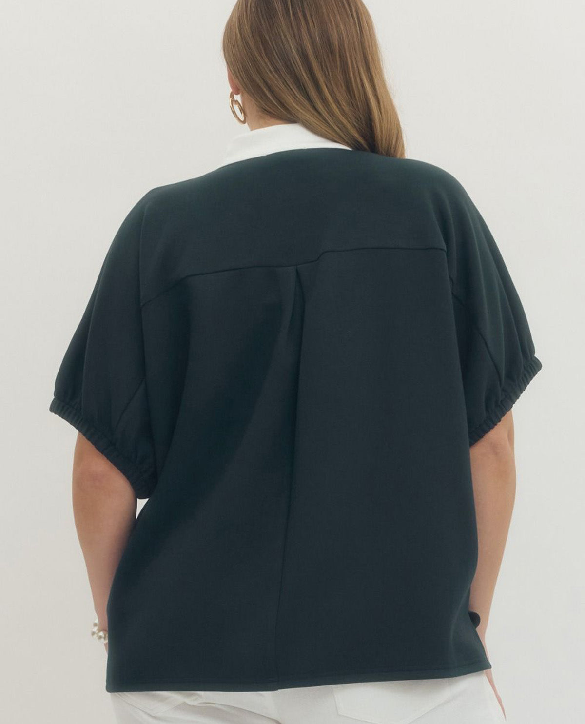 Entro Solid Dolman Top With Contrast V-Neck Trim Navy