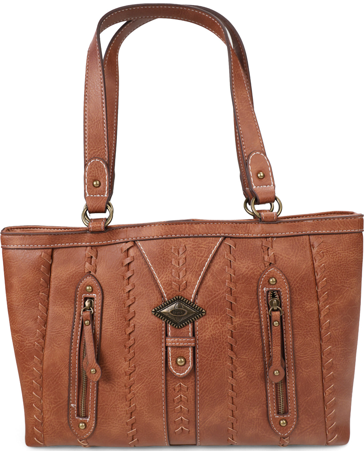 A brown leather handbag with decorative stitching, dual top handles, two vertical zippered pockets, and a central diamond-shaped metal accent on a plain white background.