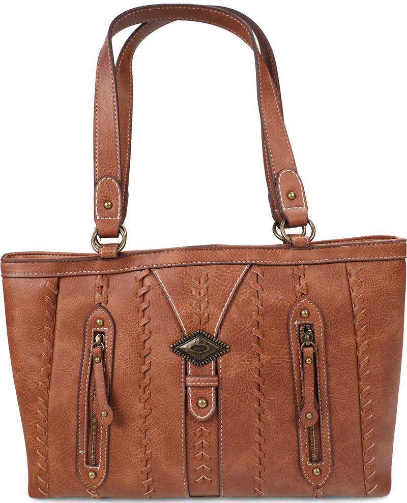 A brown leather handbag with decorative stitching, dual top handles, two vertical zippered pockets, and a central diamond-shaped metal accent on a plain white background.