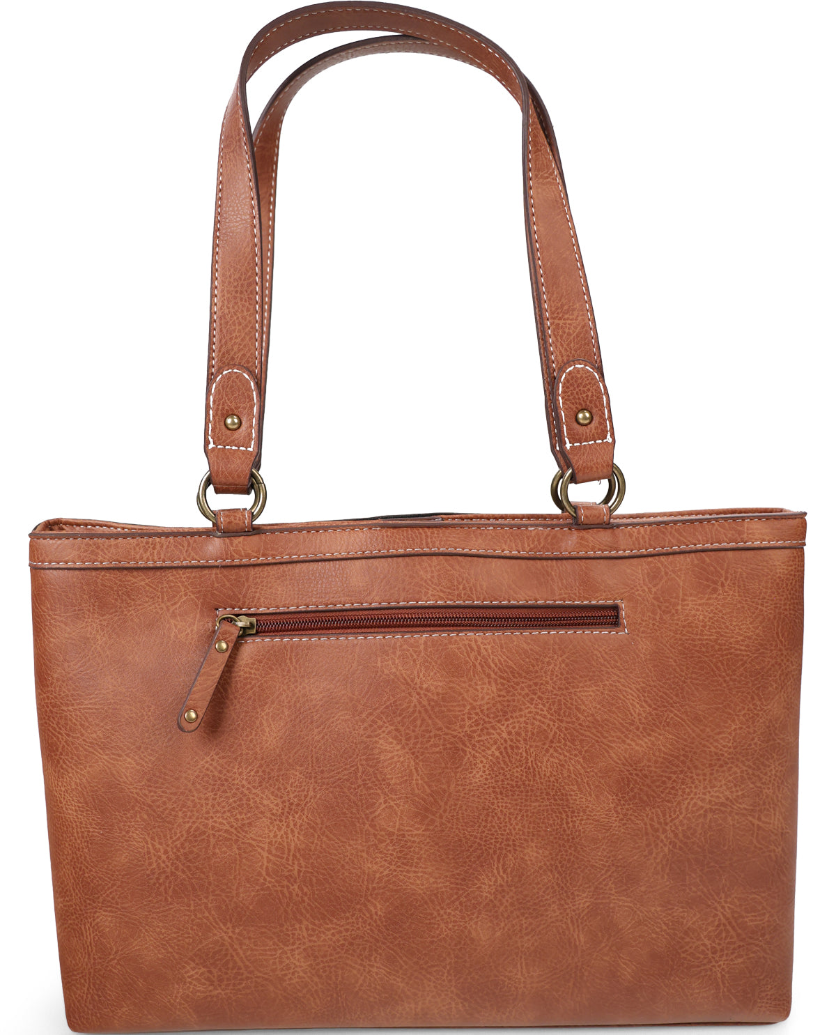 A brown faux-leather tote bag with dual shoulder straps, a top zipper closure, and a horizontal zippered front pocket, shown against a plain white background.