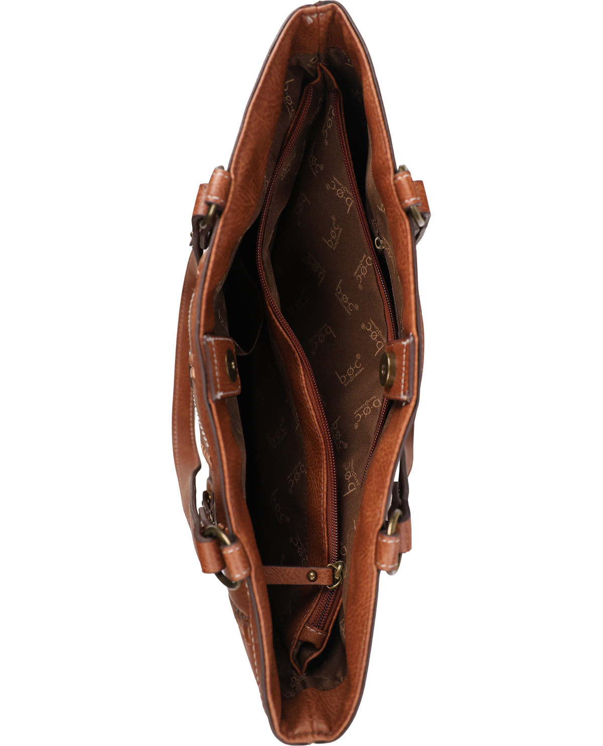 A brown leather tote bag shown from a top-down view, highlighting its interior compartments, zipper, and branded lining.