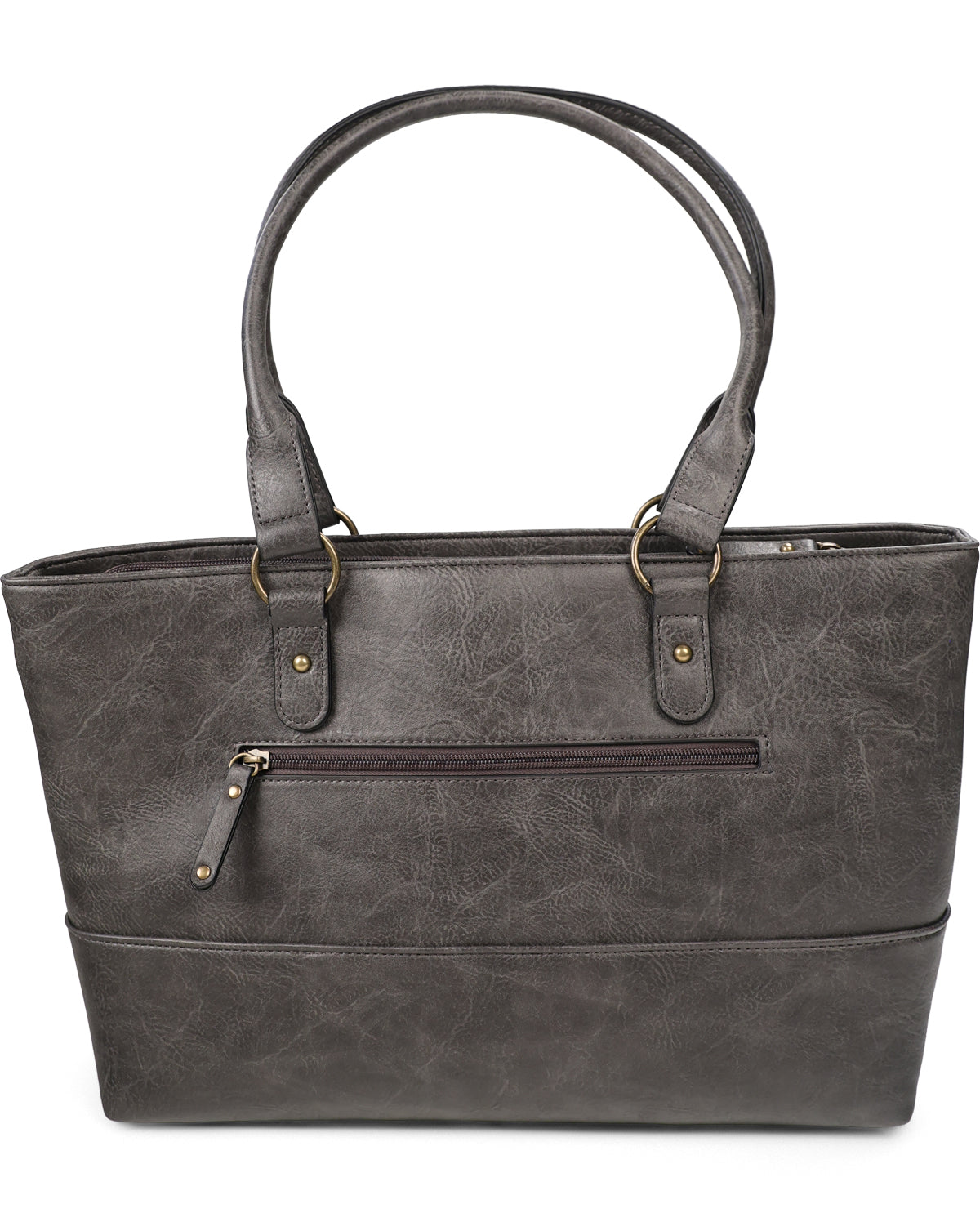 A dark gray faux-leather tote bag with double top handles, a front zippered pocket, and brass-tone hardware, shown against a plain white background.