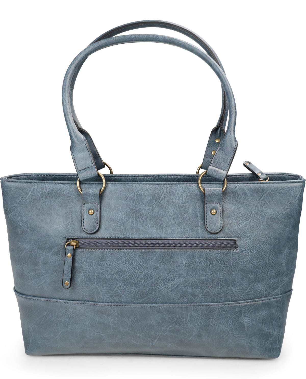 A slate blue faux-leather tote bag with double top handles, gold-tone hardware, and a front zippered pocket, shown against a plain white background.