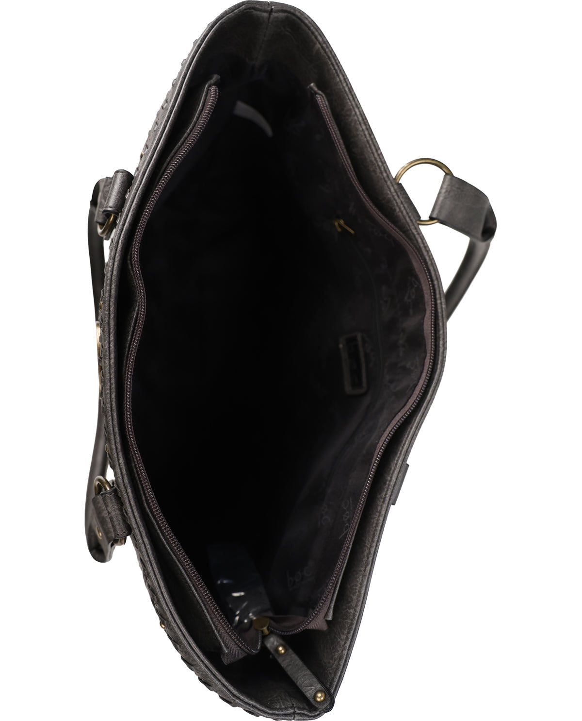 Top-down view of a dark brown leather handbag showing its spacious interior, zipper compartments, and strap attachment hardware against a white background.