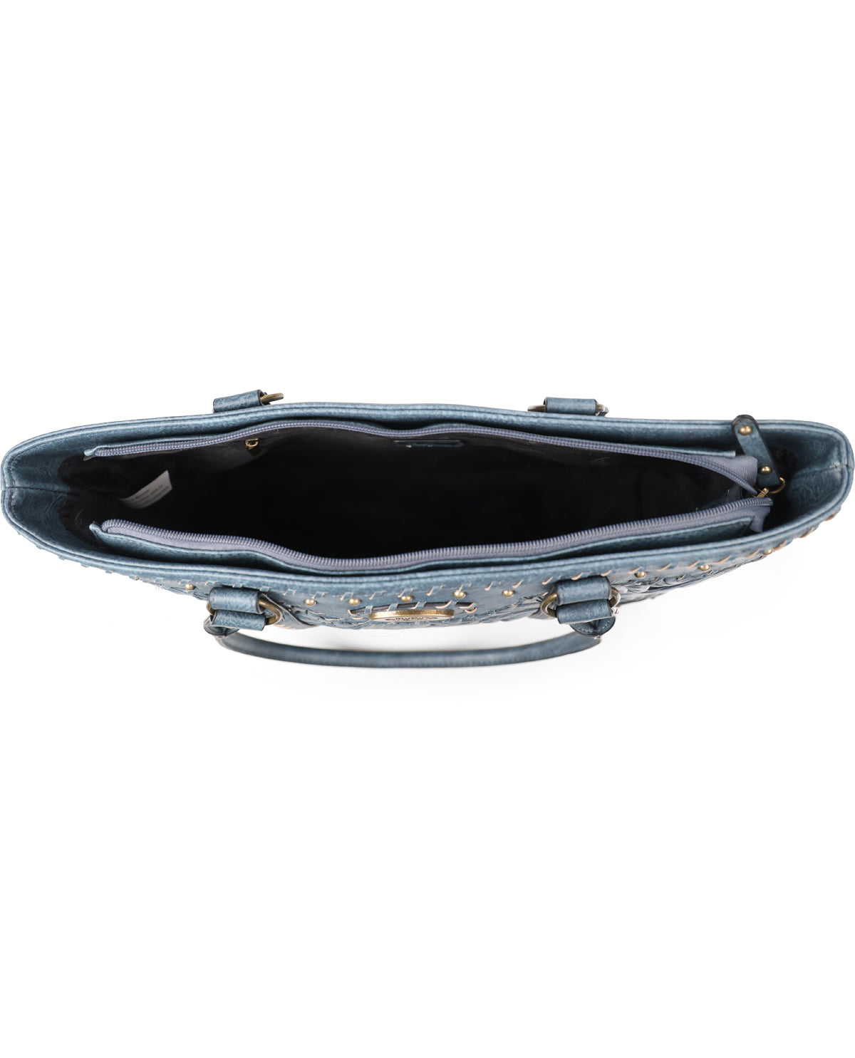 Top-down view of a blue leather handbag with gold studs and a black interior, shown on a white background.