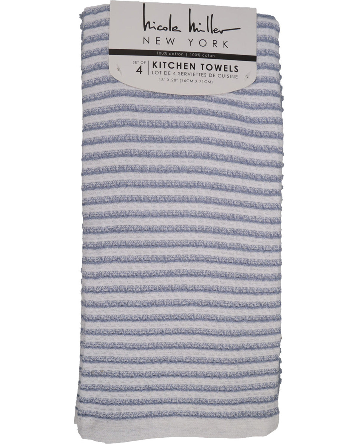 A set of four Nicole Miller New York kitchen towels in a light blue and white striped pattern, packaged with a white paper header card.