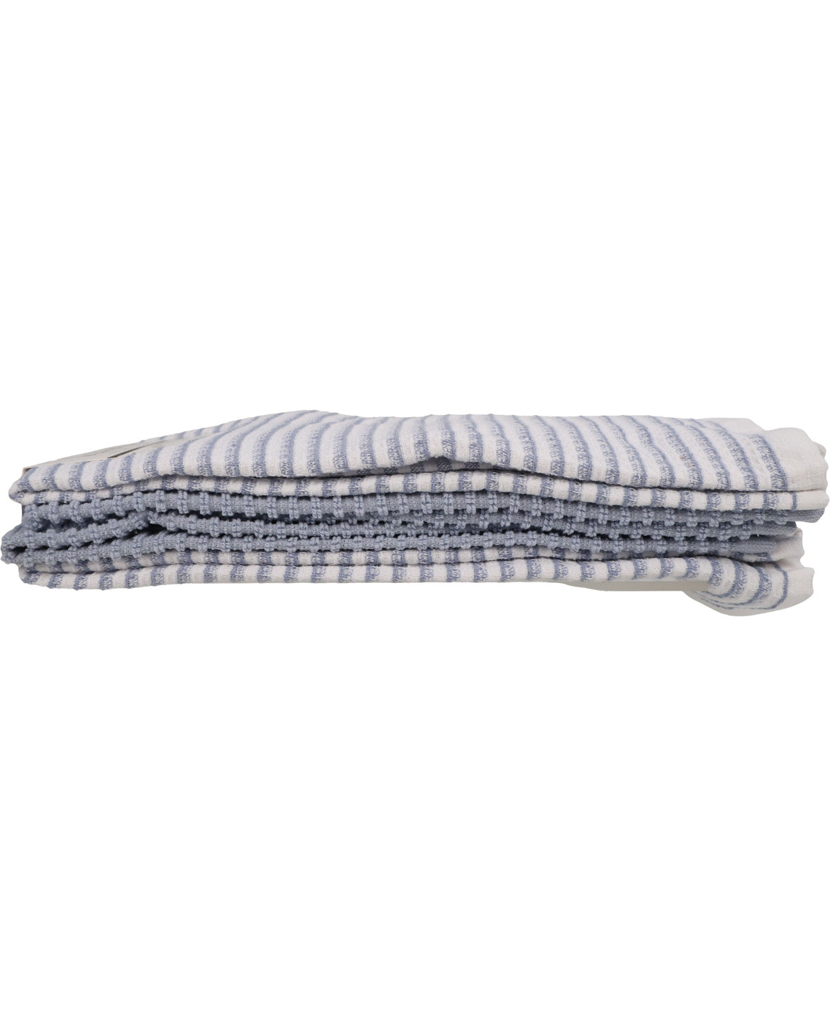 A folded stack of textured cotton kitchen towels with blue and white stripes, shown against a plain white background.