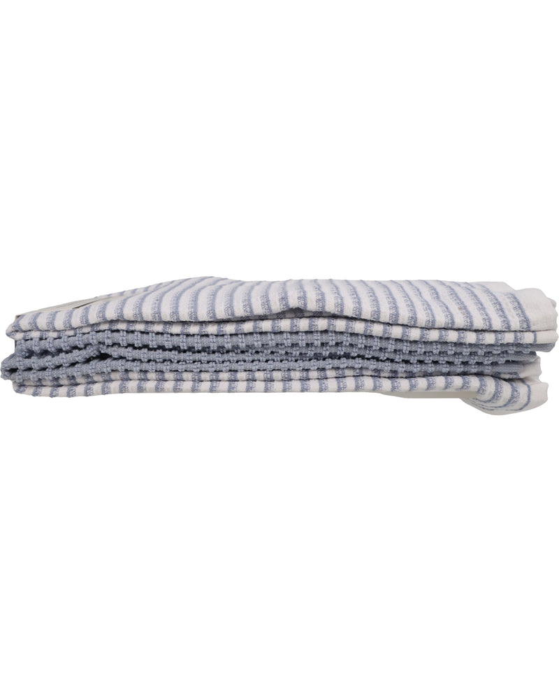 A folded stack of textured cotton kitchen towels with blue and white stripes, shown against a plain white background.